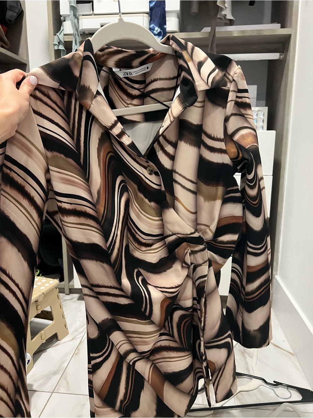 Zara Marbled Wrap Dress in Cream, Black & Brown